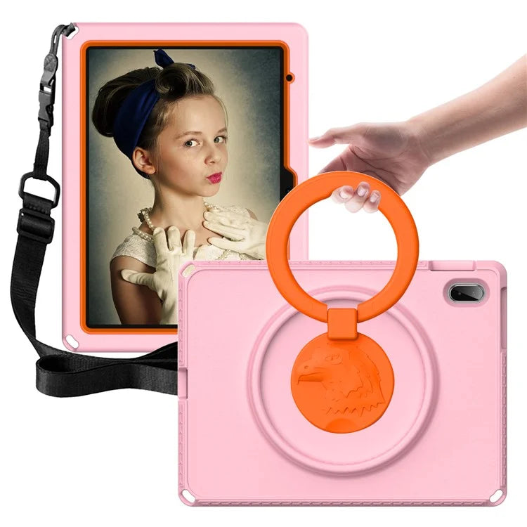 For iPad 10.9 (2022)  /  Air 11 (2024) Case Eagle Pattern Rotating Kickstand Tablet Cover with Shoulder Strap