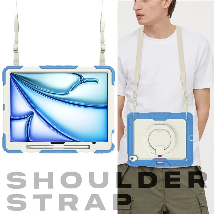 For iPad Air 13 (2024) Case Hand Grip Kickstand PC+Silicone Tablet Cover with Strap