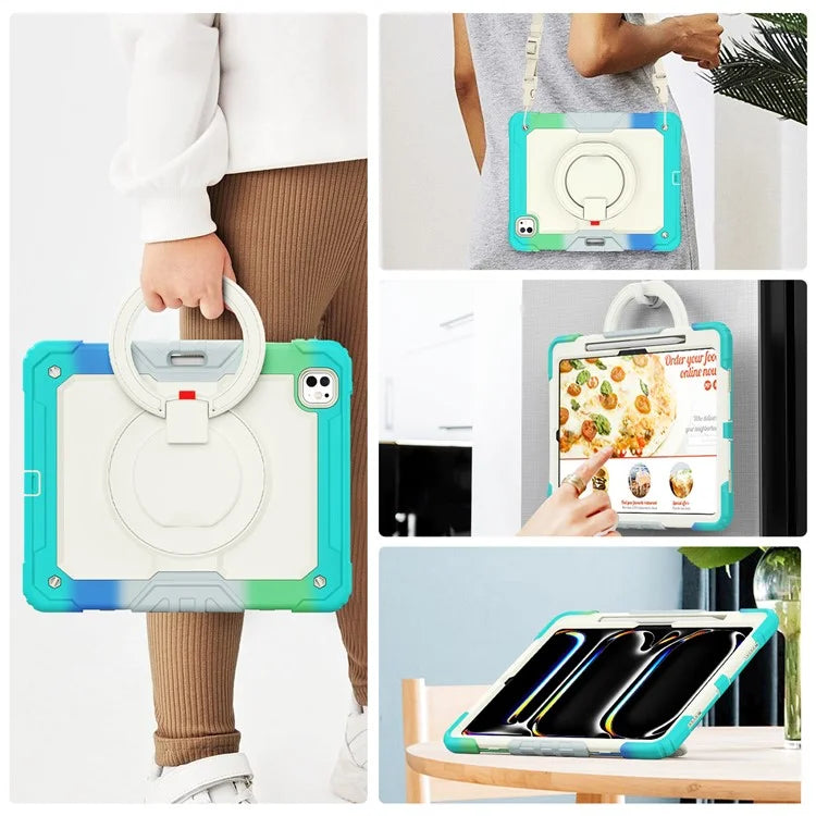 For iPad Pro 13 (2024) Kickstand Case PC+Silicone Tablet Cover with Strap