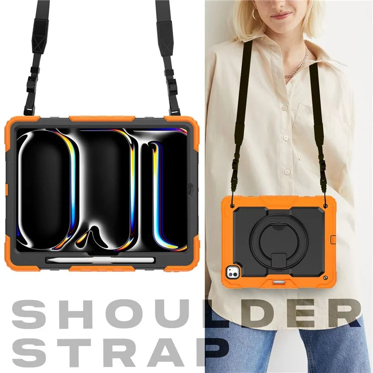 For iPad Pro 13 (2024) Kickstand Case PC+Silicone Tablet Cover with Shoulder Strap