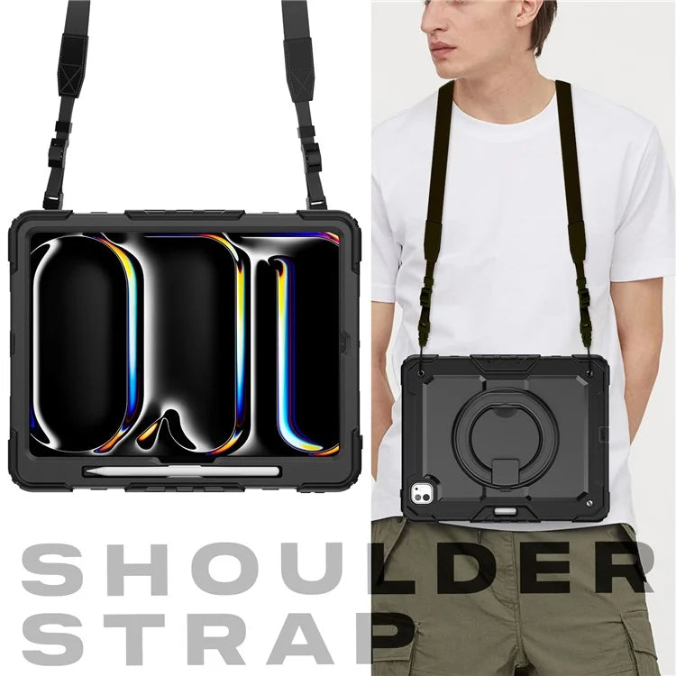 For iPad Pro 13 (2024) Kickstand Case PC+Silicone Tablet Cover with Shoulder Strap