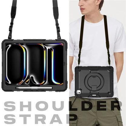 For iPad Pro 13 (2024) Kickstand Case PC+Silicone Tablet Cover with Shoulder Strap