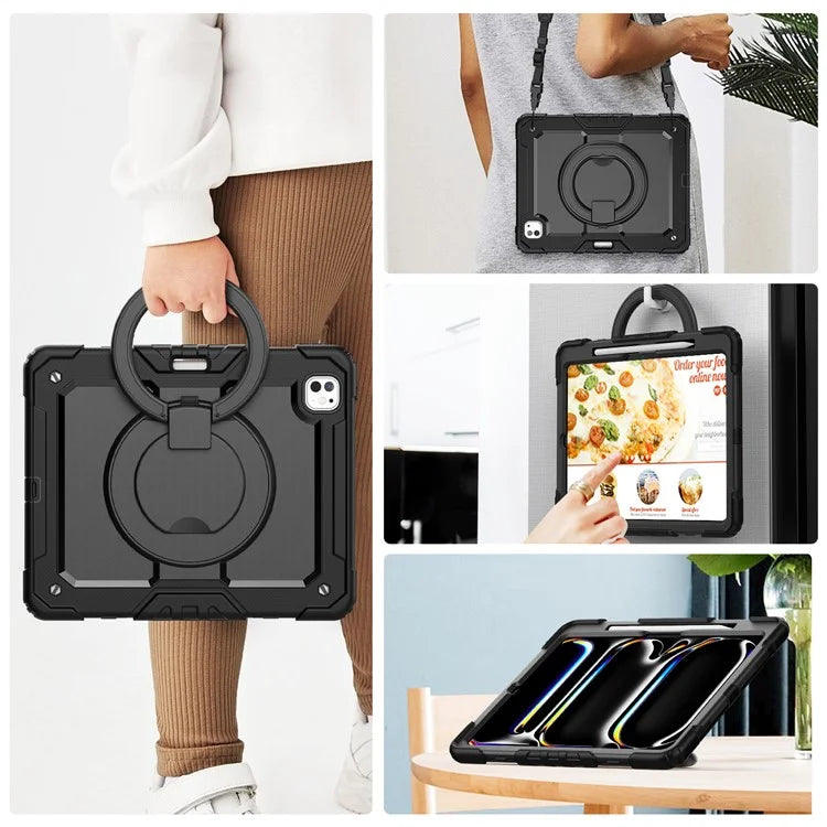 For iPad Pro 13 (2024) Kickstand Case PC+Silicone Tablet Cover with Shoulder Strap