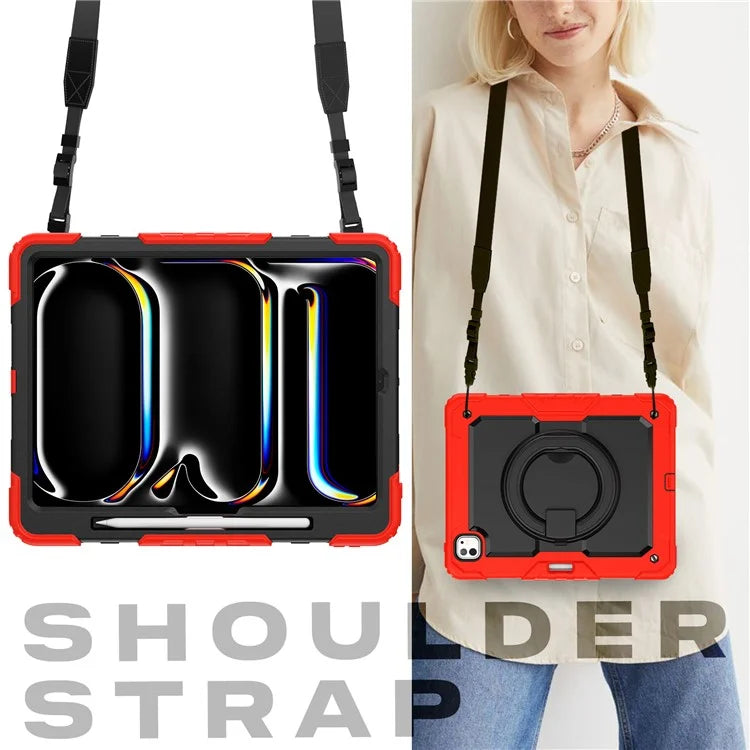 For iPad Pro 13 (2024) Kickstand Case PC+Silicone Tablet Cover with Shoulder Strap