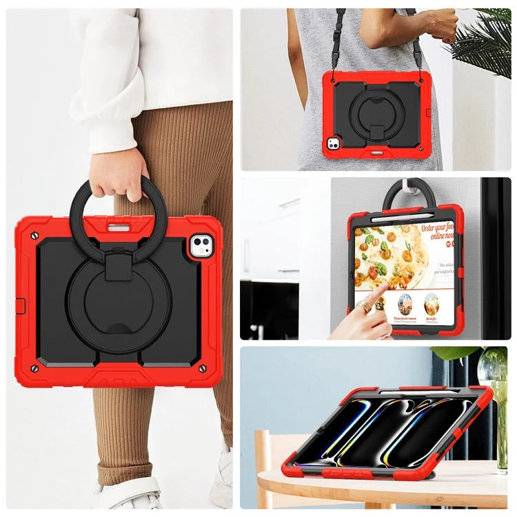 For iPad Pro 13 (2024) Kickstand Case PC+Silicone Tablet Cover with Shoulder Strap