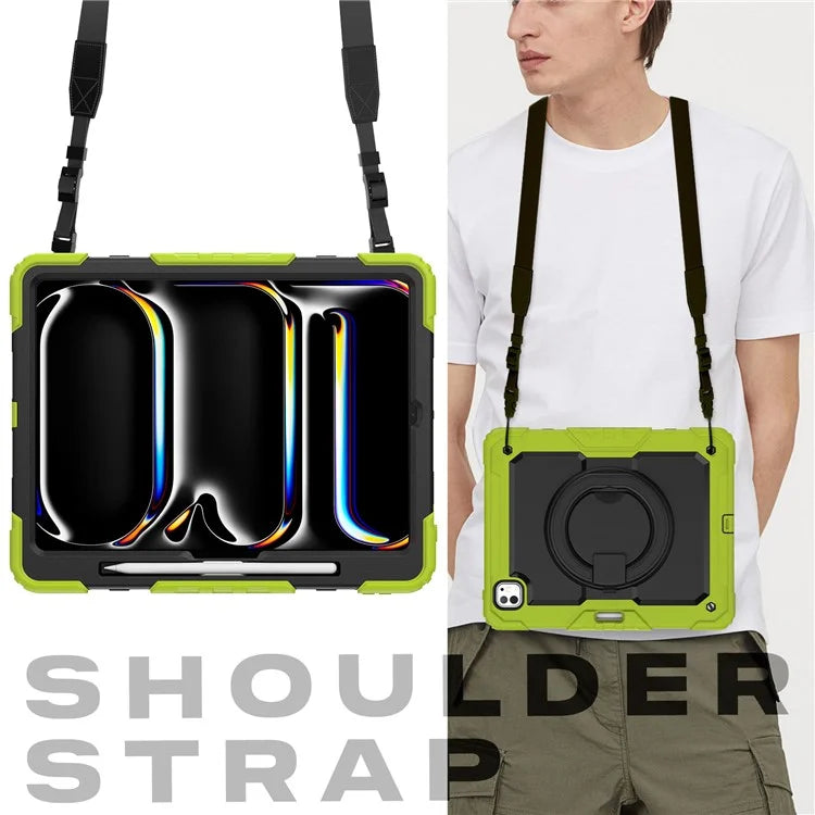 For iPad Pro 13 (2024) Kickstand Case PC+Silicone Tablet Cover with Shoulder Strap