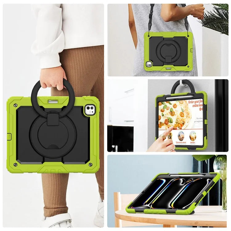 For iPad Pro 13 (2024) Kickstand Case PC+Silicone Tablet Cover with Shoulder Strap