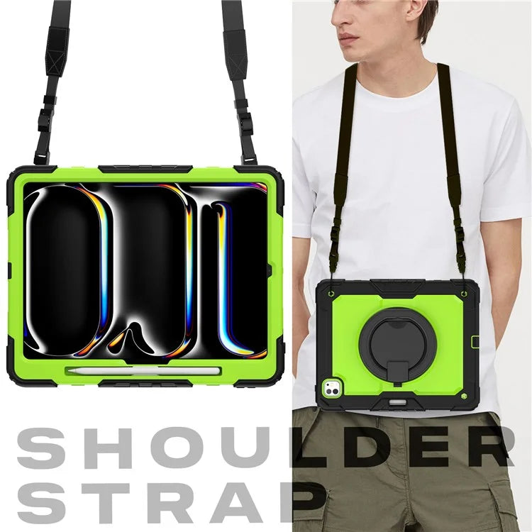 For iPad Pro 13 (2024) Kickstand Case PC+Silicone Tablet Cover with Shoulder Strap