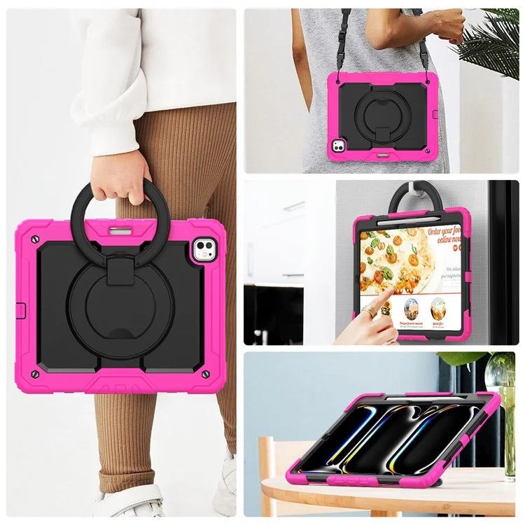For iPad Pro 13 (2024) Kickstand Case PC+Silicone Tablet Cover with Shoulder Strap
