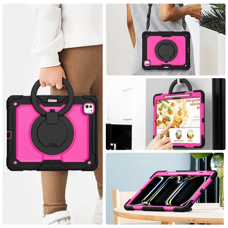 For iPad Pro 13 (2024) Kickstand Case PC+Silicone Tablet Cover with Shoulder Strap