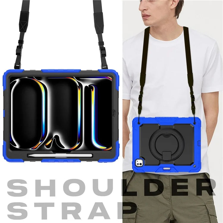 For iPad Pro 13 (2024) Kickstand Case PC+Silicone Tablet Cover with Shoulder Strap