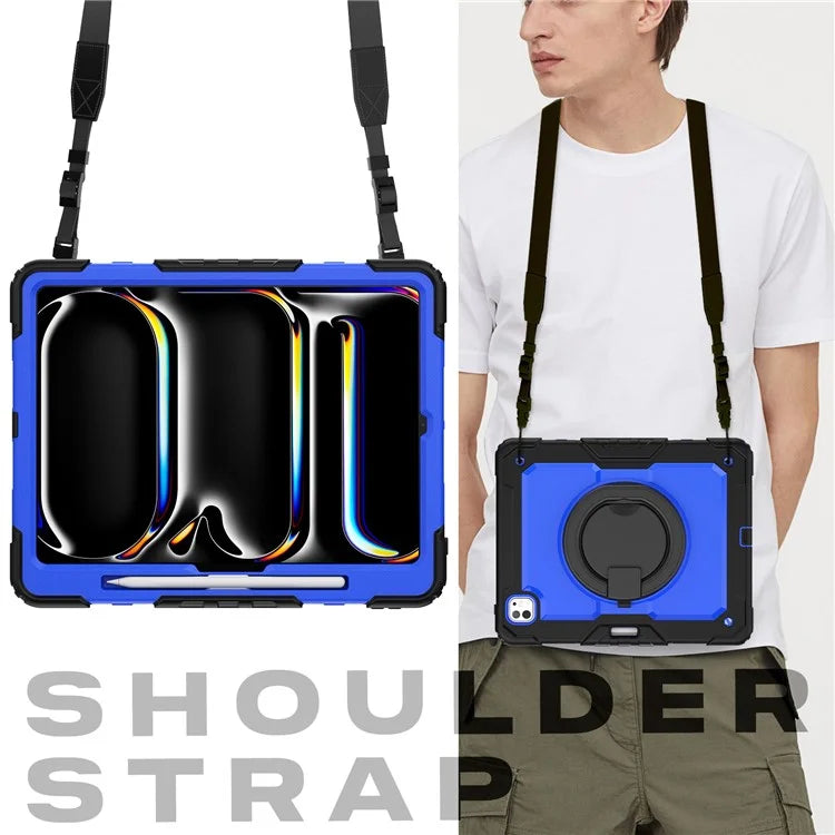 For iPad Pro 13 (2024) Kickstand Case PC+Silicone Tablet Cover with Shoulder Strap