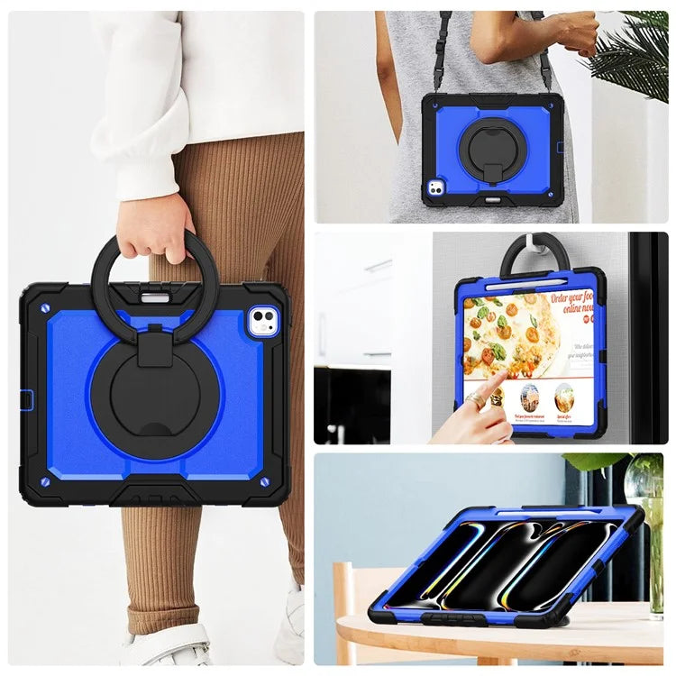 For iPad Pro 13 (2024) Kickstand Case PC+Silicone Tablet Cover with Shoulder Strap