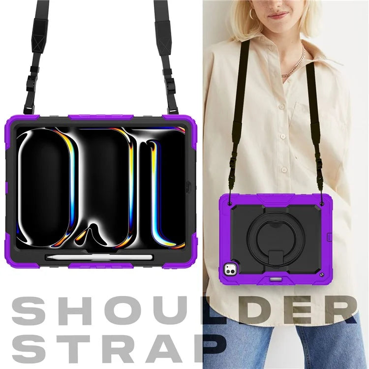 For iPad Pro 13 (2024) Kickstand Case PC+Silicone Tablet Cover with Shoulder Strap