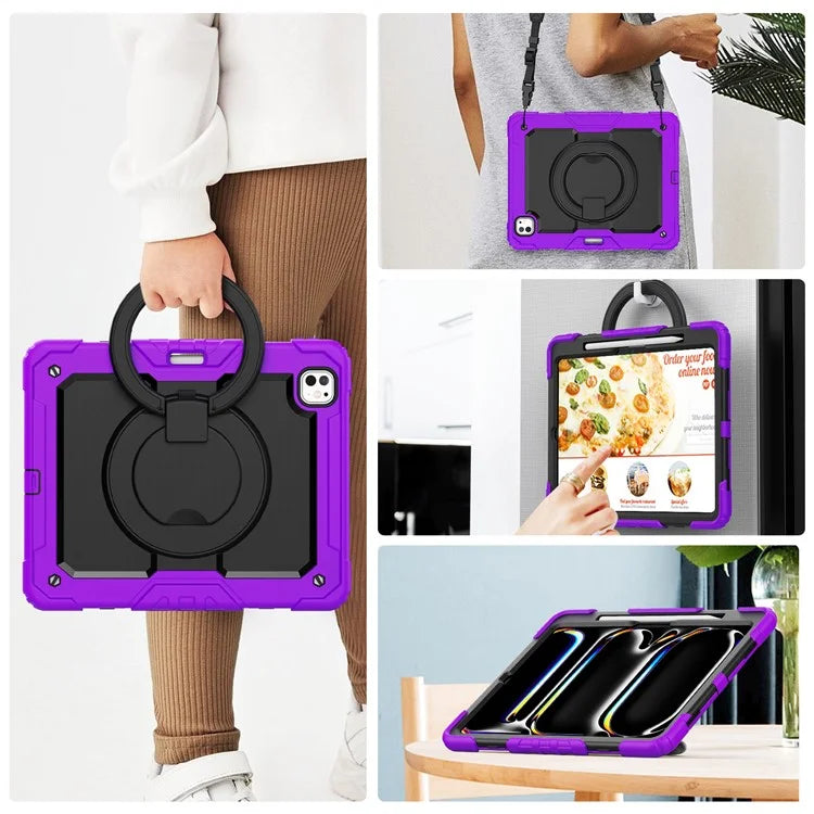 For iPad Pro 13 (2024) Kickstand Case PC+Silicone Tablet Cover with Shoulder Strap