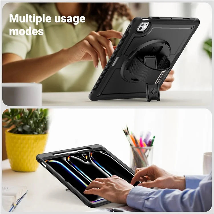 For iPad Pro 11 (2024) Case PC+TPU Kickstand Tablet Cover with Shoulder Strap