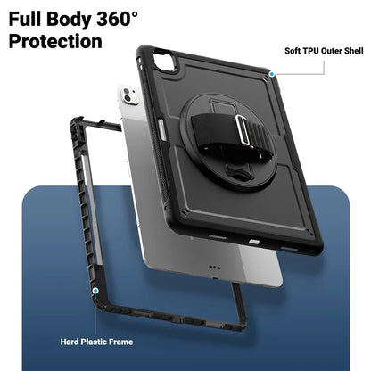 For iPad Pro 11 (2024) Case PC+TPU Kickstand Tablet Cover with Shoulder Strap