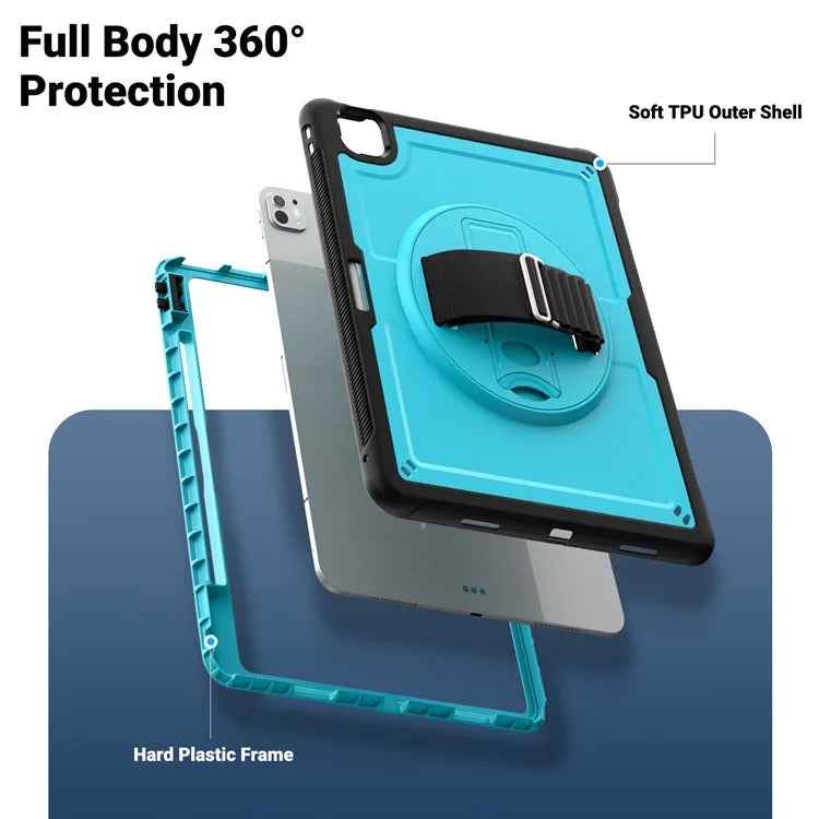 For iPad Pro 11 (2024) Case PC+TPU Kickstand Tablet Cover with Shoulder Strap