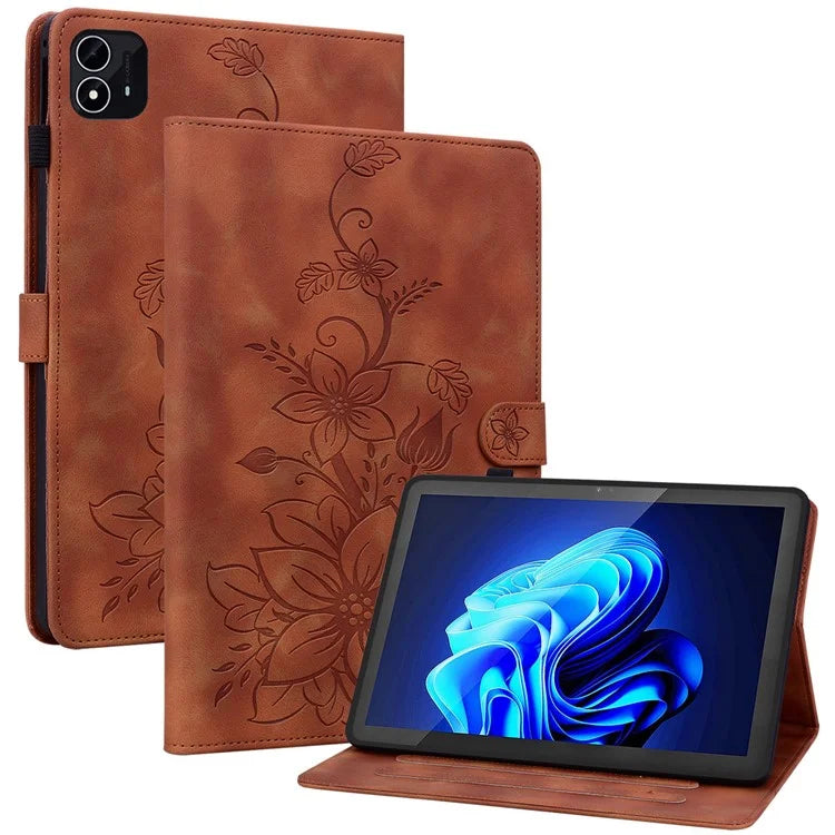 For itel Pad One Case with Card Slots Lily Flower Imprint Leather Tablet Cover