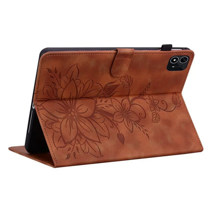 For itel Pad One Case with Card Slots Lily Flower Imprint Leather Tablet Cover