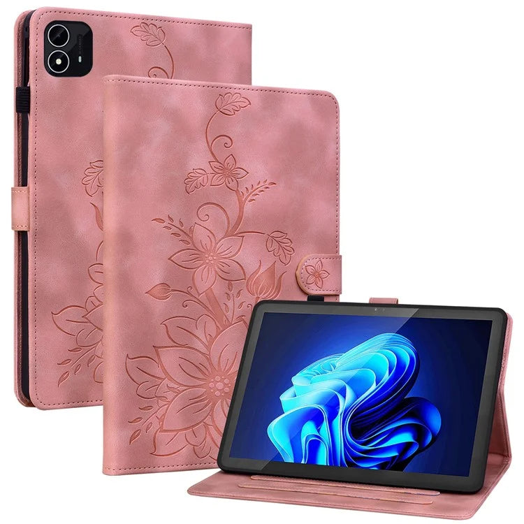 For itel Pad One Case with Card Slots Lily Flower Imprint Leather Tablet Cover