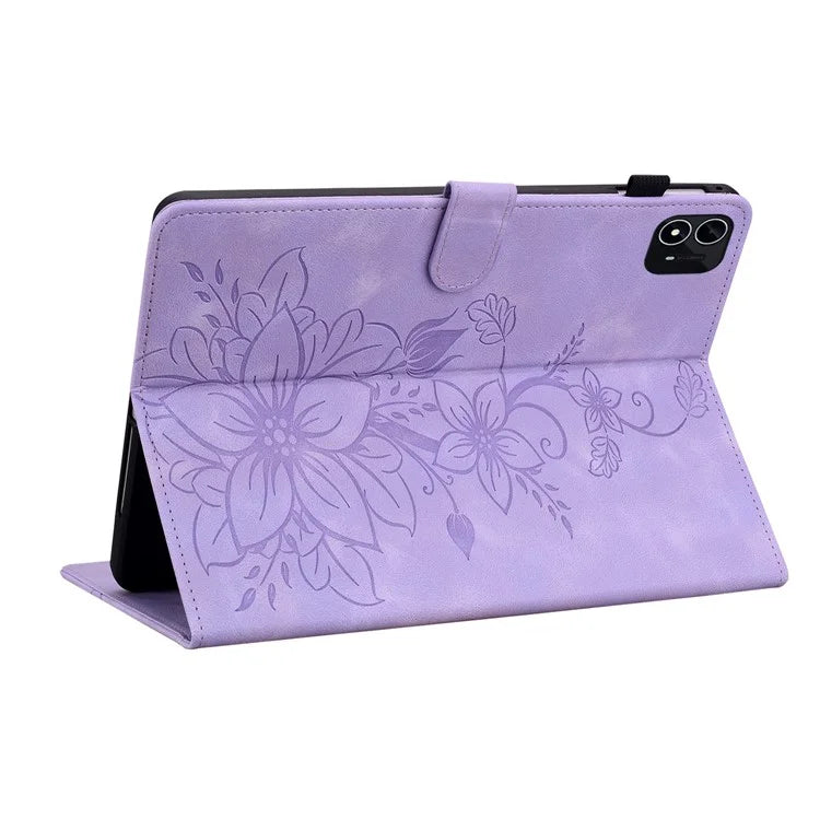 For itel Pad One Case with Card Slots Lily Flower Imprint Leather Tablet Cover