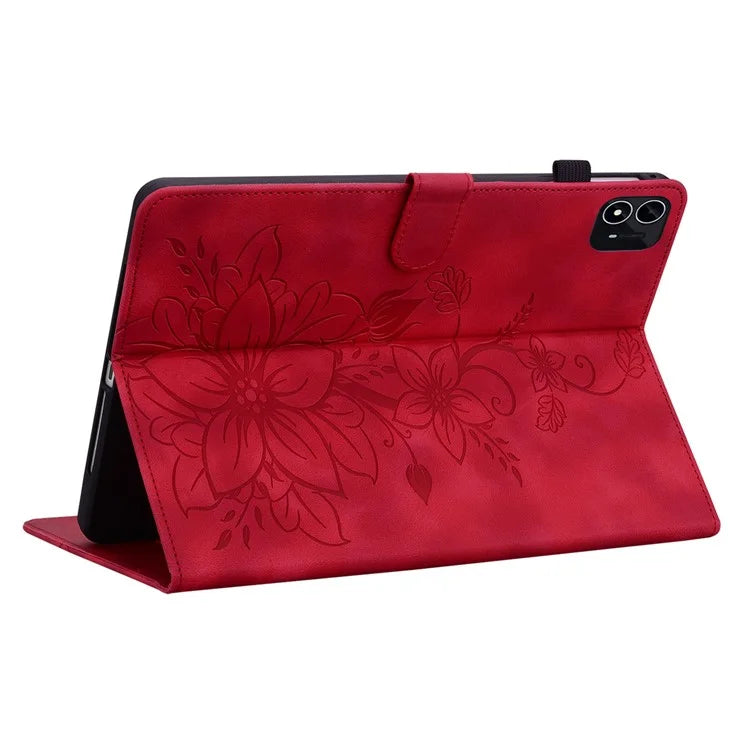 For itel Pad One Case with Card Slots Lily Flower Imprint Leather Tablet Cover