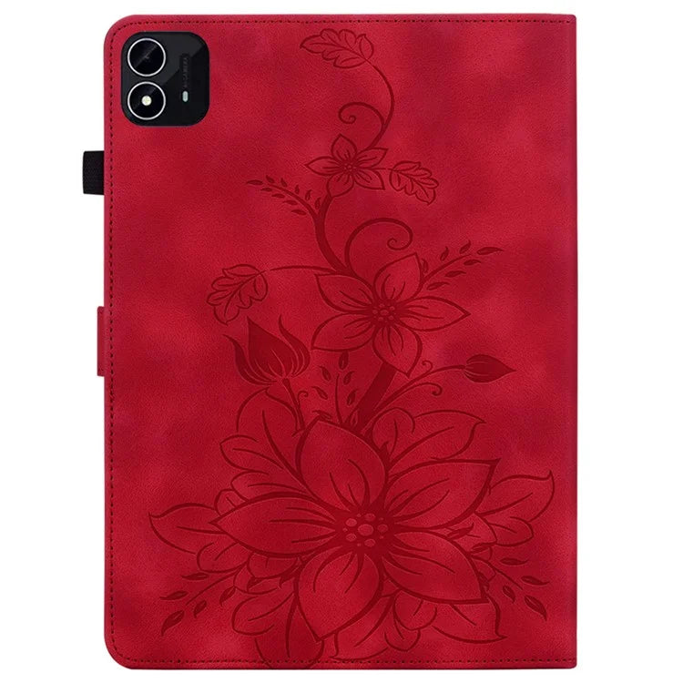 For itel Pad One Case with Card Slots Lily Flower Imprint Leather Tablet Cover