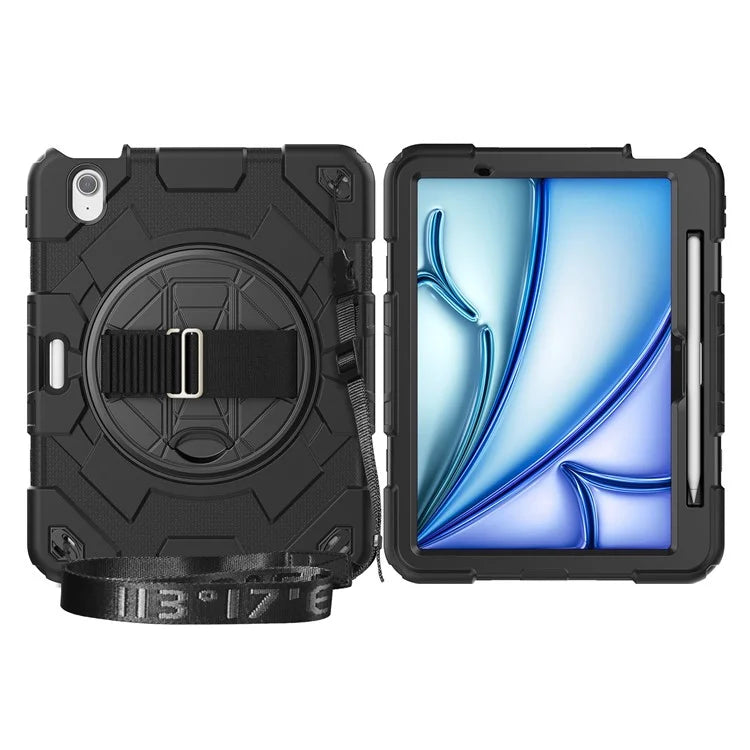 For iPad Air 11 (2024) Case Kickstand Hand Strap PC+Silicone Tablet Cover with Shoulder Strap