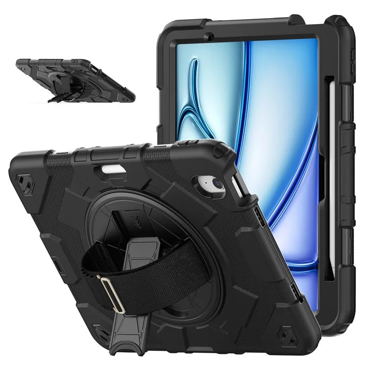For iPad Air 11 (2024) Case Kickstand Hand Strap PC+Silicone Tablet Cover with Shoulder Strap