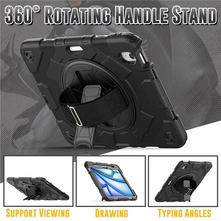 For iPad Air 11 (2024) Case Kickstand Hand Strap PC+Silicone Tablet Cover with Shoulder Strap