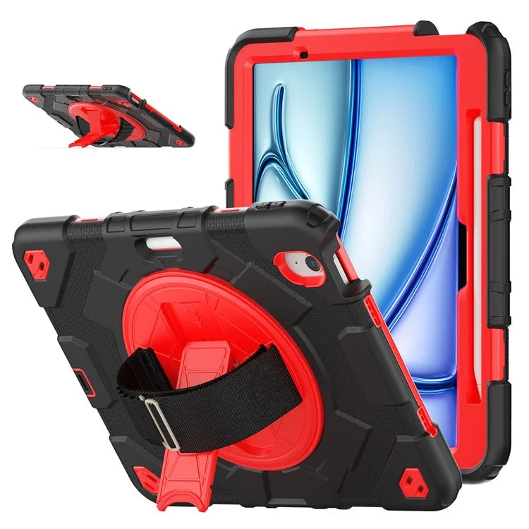 For iPad Air 11 (2024) Case Kickstand Hand Strap PC+Silicone Tablet Cover with Shoulder Strap