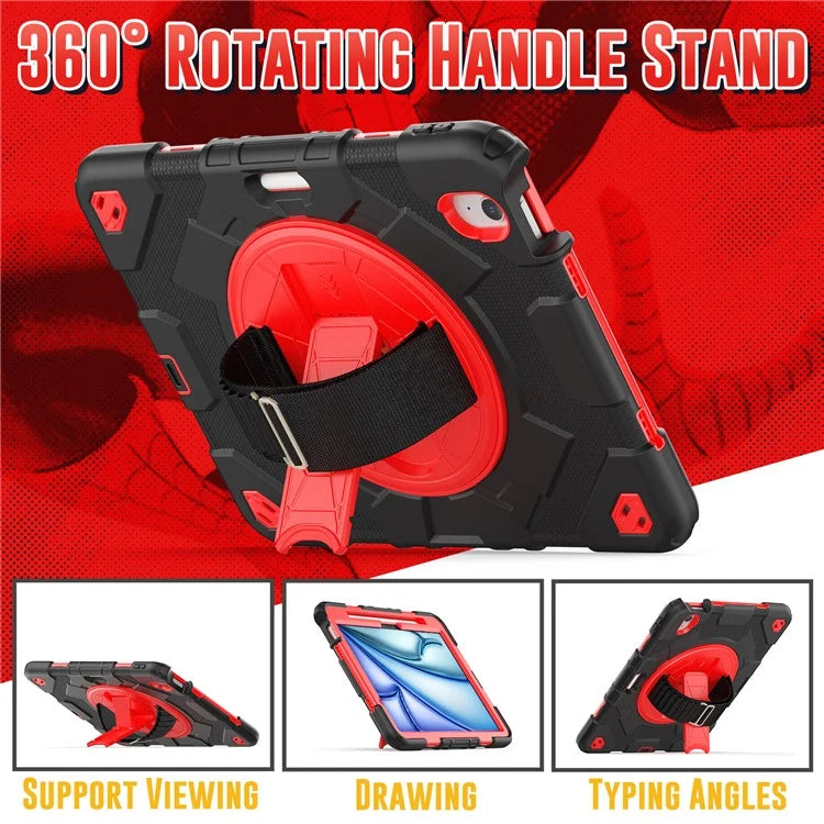 For iPad Air 11 (2024) Case Kickstand Hand Strap PC+Silicone Tablet Cover with Shoulder Strap