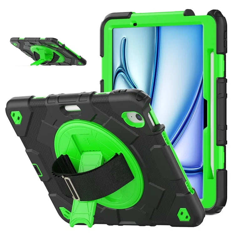 For iPad Air 11 (2024) Case Kickstand Hand Strap PC+Silicone Tablet Cover with Shoulder Strap