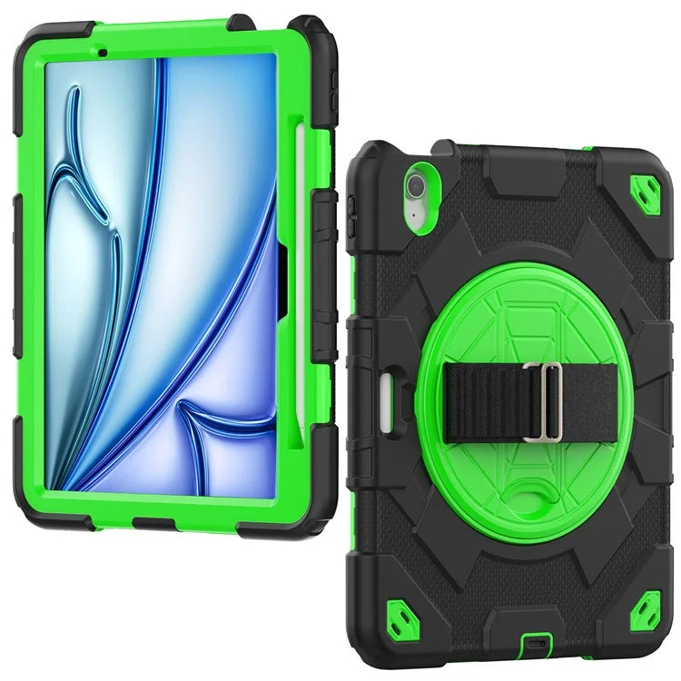 For iPad Air 11 (2024) Case Kickstand Hand Strap PC+Silicone Tablet Cover with Shoulder Strap