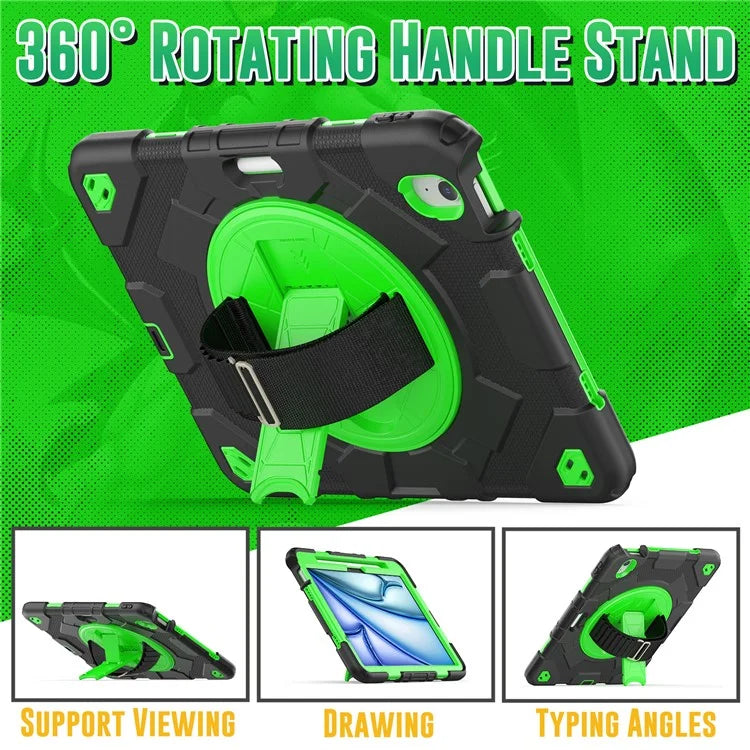 For iPad Air 11 (2024) Case Kickstand Hand Strap PC+Silicone Tablet Cover with Shoulder Strap