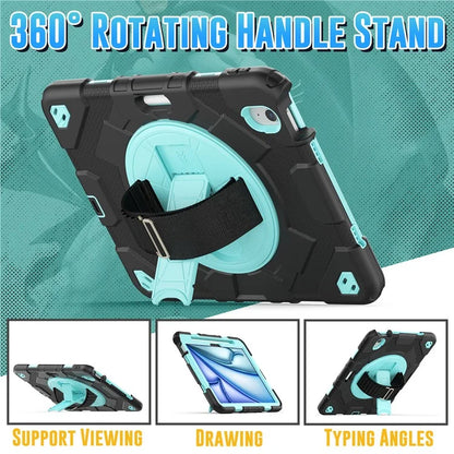 For iPad Air 11 (2024) Case Kickstand Hand Strap PC+Silicone Tablet Cover with Shoulder Strap