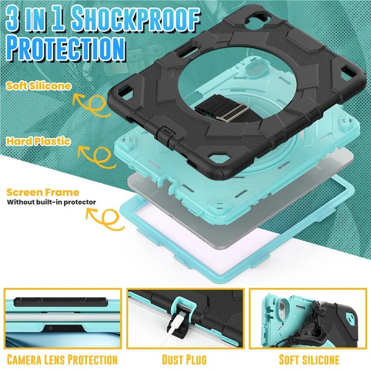For iPad Air 11 (2024) Case Kickstand Hand Strap PC+Silicone Tablet Cover with Shoulder Strap