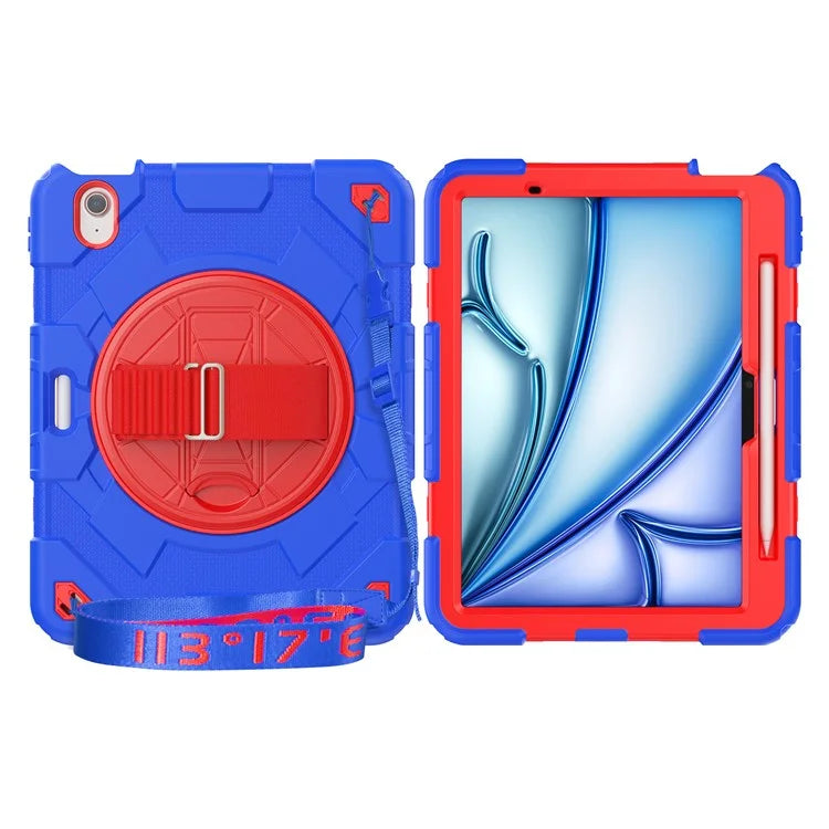 For iPad Air 11 (2024) Case Kickstand Hand Strap PC+Silicone Tablet Cover with Shoulder Strap