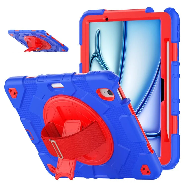 For iPad Air 11 (2024) Case Kickstand Hand Strap PC+Silicone Tablet Cover with Shoulder Strap