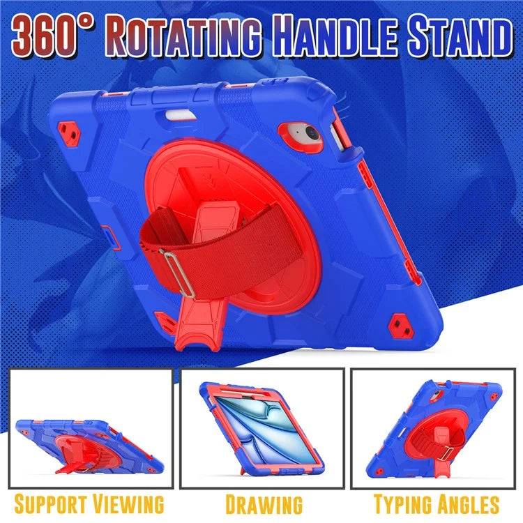 For iPad Air 11 (2024) Case Kickstand Hand Strap PC+Silicone Tablet Cover with Shoulder Strap