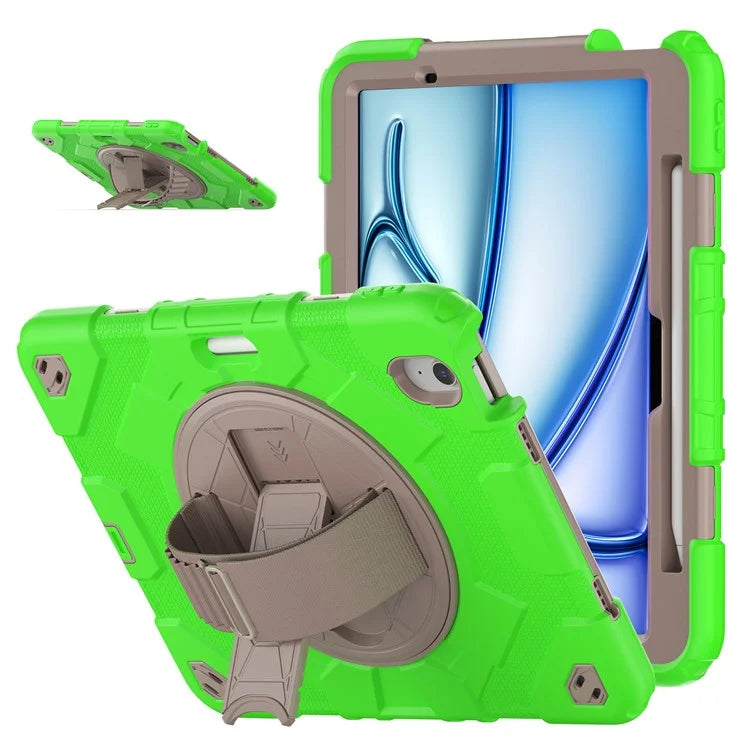 For iPad Air 11 (2024) Case Kickstand Hand Strap PC+Silicone Tablet Cover with Shoulder Strap