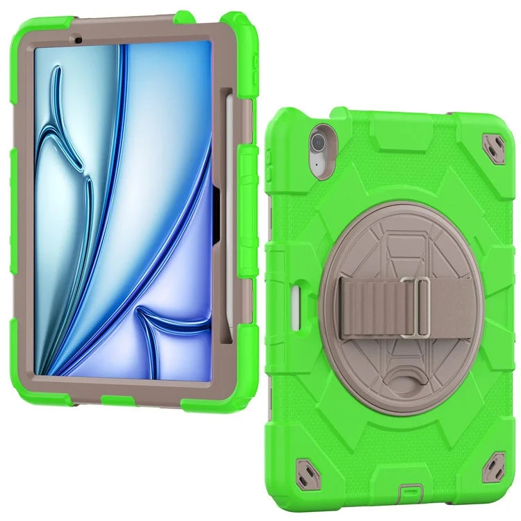 For iPad Air 11 (2024) Case Kickstand Hand Strap PC+Silicone Tablet Cover with Shoulder Strap