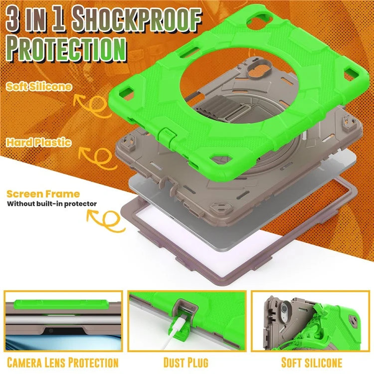 For iPad Air 11 (2024) Case Kickstand Hand Strap PC+Silicone Tablet Cover with Shoulder Strap