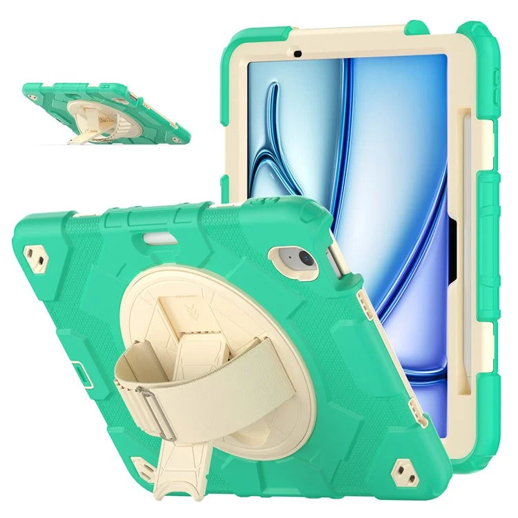 For iPad Air 11 (2024) Case Kickstand Hand Strap PC+Silicone Tablet Cover with Shoulder Strap