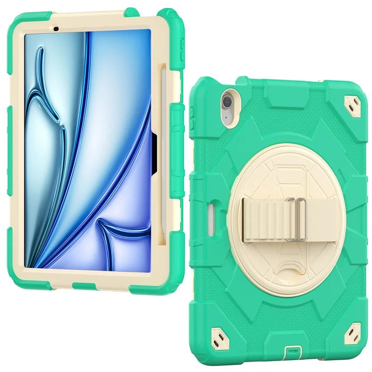 For iPad Air 11 (2024) Case Kickstand Hand Strap PC+Silicone Tablet Cover with Shoulder Strap