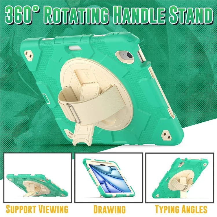 For iPad Air 11 (2024) Case Kickstand Hand Strap PC+Silicone Tablet Cover with Shoulder Strap