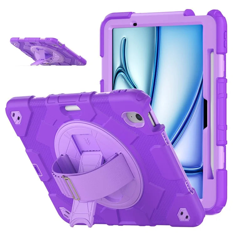 For iPad Air 11 (2024) Case Kickstand Hand Strap PC+Silicone Tablet Cover with Shoulder Strap