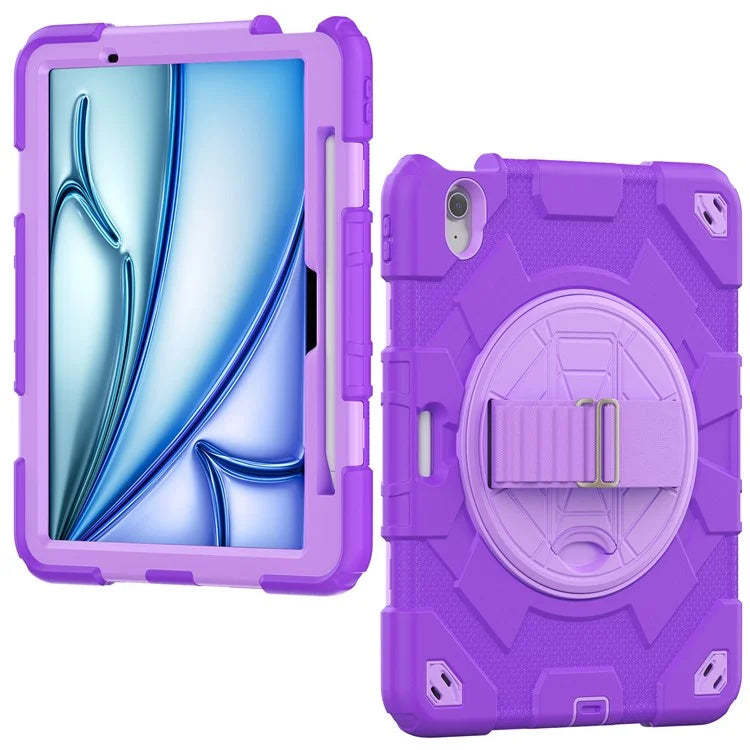 For iPad Air 11 (2024) Case Kickstand Hand Strap PC+Silicone Tablet Cover with Shoulder Strap