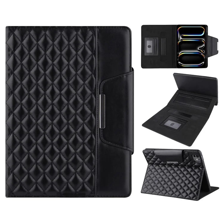 For iPad Pro 11 (2024) Case Grids Leather Tablet Cover Auto Wake / Sleep Card Holder